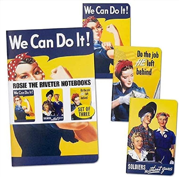 Three Archie McPhee 3-pack Rosie the Riveter Notebook Journals, adorned with "We Can Do It!" and vintage designs, celebrate female empowerment through iconic World War II-era imagery.