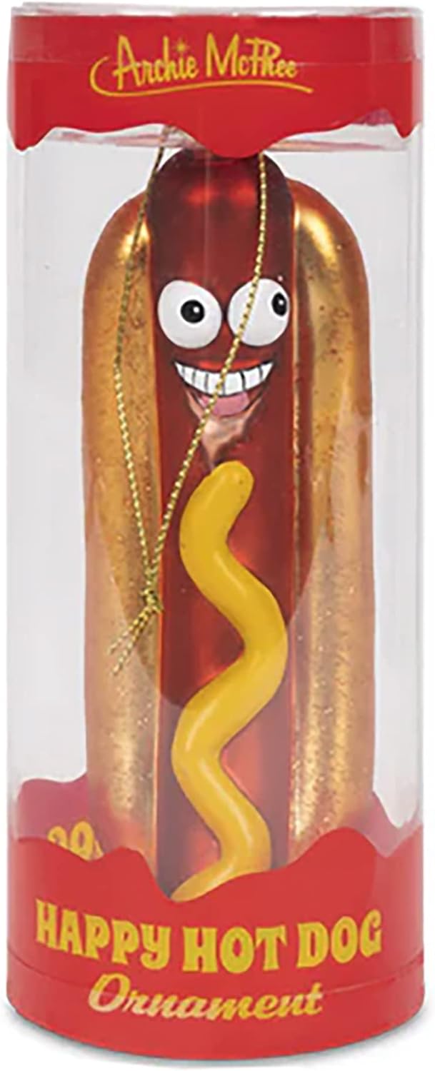 Happy Hot Dog Ornament - Christmas Holiday Art Hand-Blown Glass ® Archie McPhee