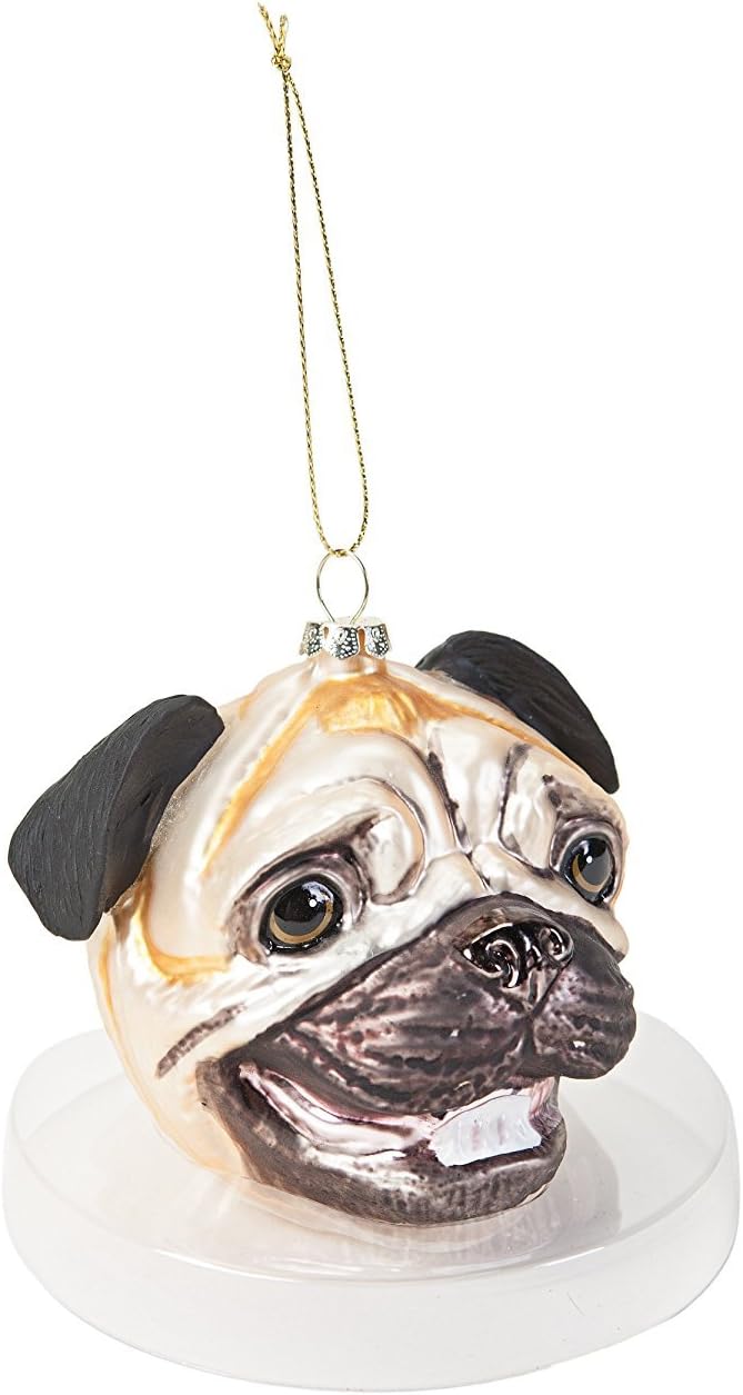 Pug Head Dog Ornament - Christmas Holiday Art Hand-Blown Glass ® Archie McPhee