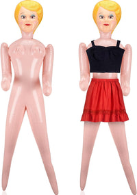 Two life-size inflatables: Judy dressed in a black top and red skirt, and John without clothes. Both showcase stylized, simplistic details.