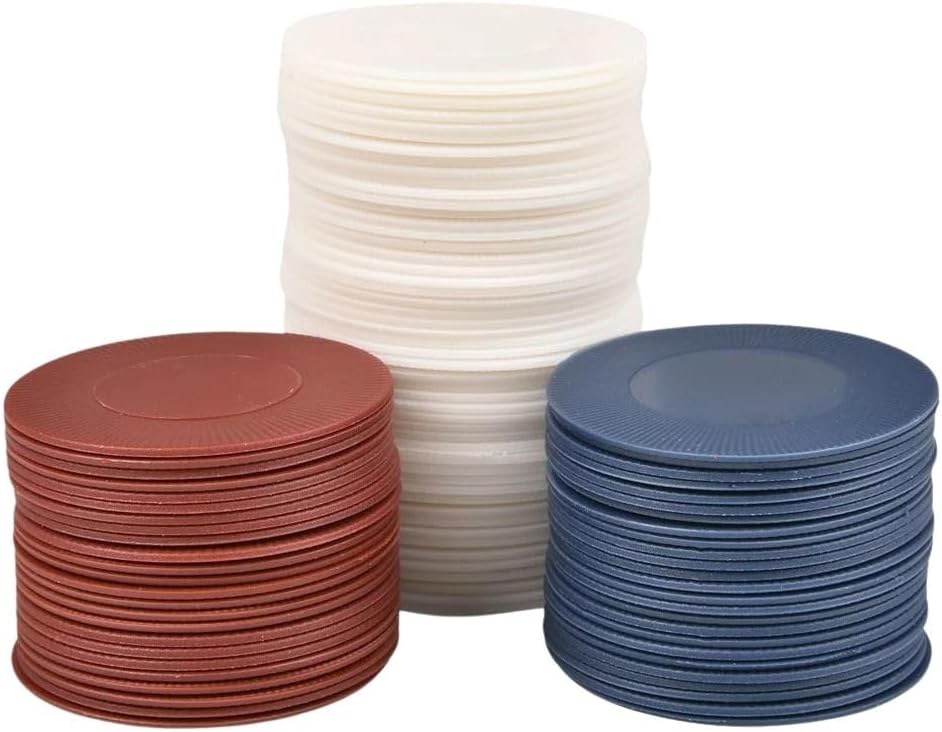 Three stacks of round, plastic poker chips in different colors: one tall stack of economical white chips, one medium stack of blue chips, and one shorter stack of red chips—perfect for poker night. Get this 2500 Plastic Poker Chip set - Red White Blue- bulk lot!