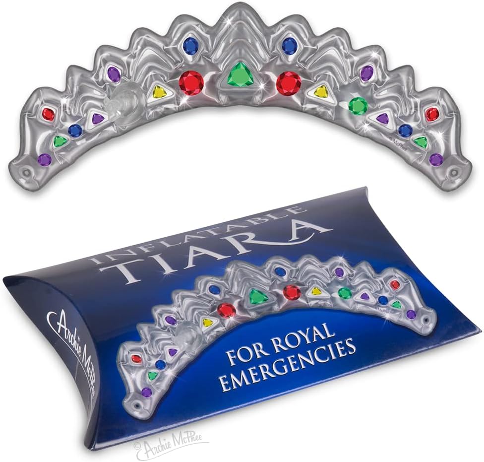 The Emergency Inflatable Tiara - Royal Crown Princess Queen Headband by Archie McPhee features a silver design with colorful gem accents, making it ideal for royal emergencies or as a humorous gift, as seen above its packaging labeled "Emergency Inflatable Tiara.