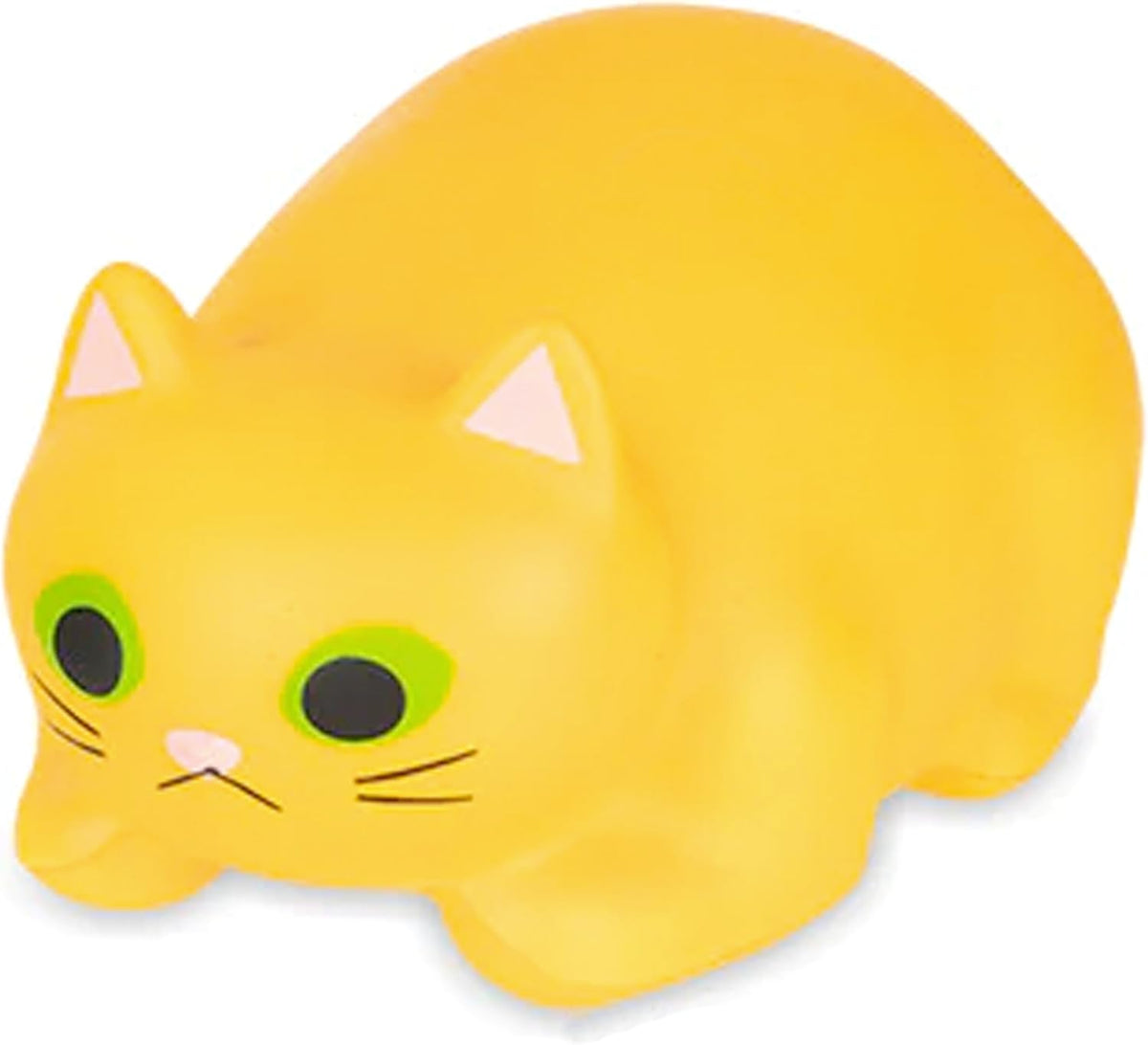 The Purrrly Kitty Cat in a Box Stress Squeeze Squish by Archie McPhee is a delightful yellow cat toy featuring green eyes and pink ears, perfect for alleviating stress as it sits invitingly upright.