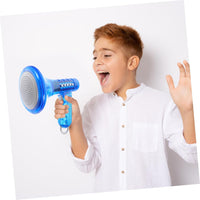 A boy in a white shirt holds the Voice Changer Megaphone Toy – 10 Funny Sound Effects Bullhorn Mic and shouts, standing against a plain white background.