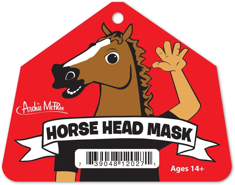 A tag showcasing a cartoon character donning The Original Horse Mask by Archie McPhee against a striking red background, complete with the product branding. Appropriate for ages 14 and older.