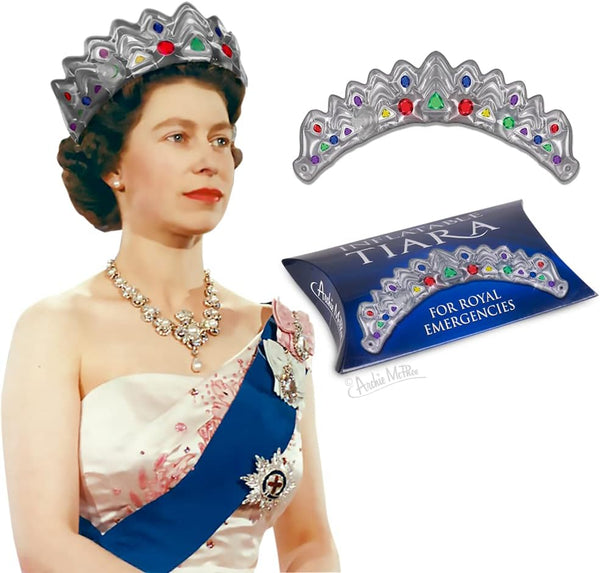 A woman, dressed in formal wear, wears an Emergency Inflatable Tiara and sparkling jeweled necklace. Another image displays packaging labeled "FOR ROYAL EMERGENCIES," highlighting this Archie McPhee Royal Crown Princess Queen Headband as the ideal gag gift for regal occasions.