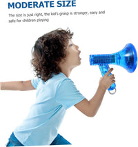 A child in a light blue shirt uses the Voice Changer Megaphone Toy – 10 Funny Sound Effects Bullhorn Mic, a moderately sized blue megaphone with flashing LED lights, perfect for kids and adults.