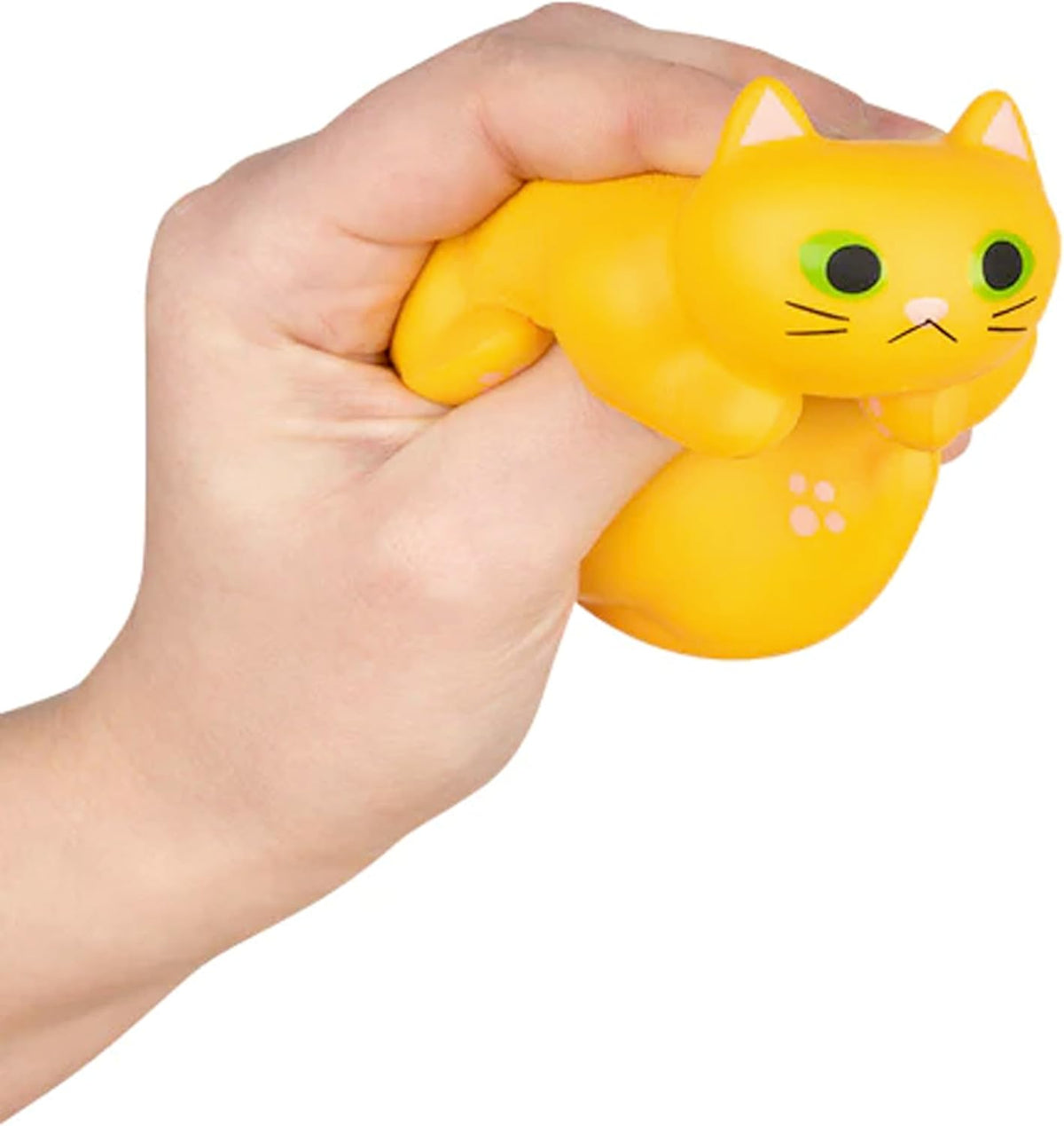 As you squeeze the Purrrly Kitty Cat in a Box stress toy from Archie McPhee, its delightful yellow body with bright green eyes and cute pink paw pads is revealed, making it an ideal companion for easing tension.