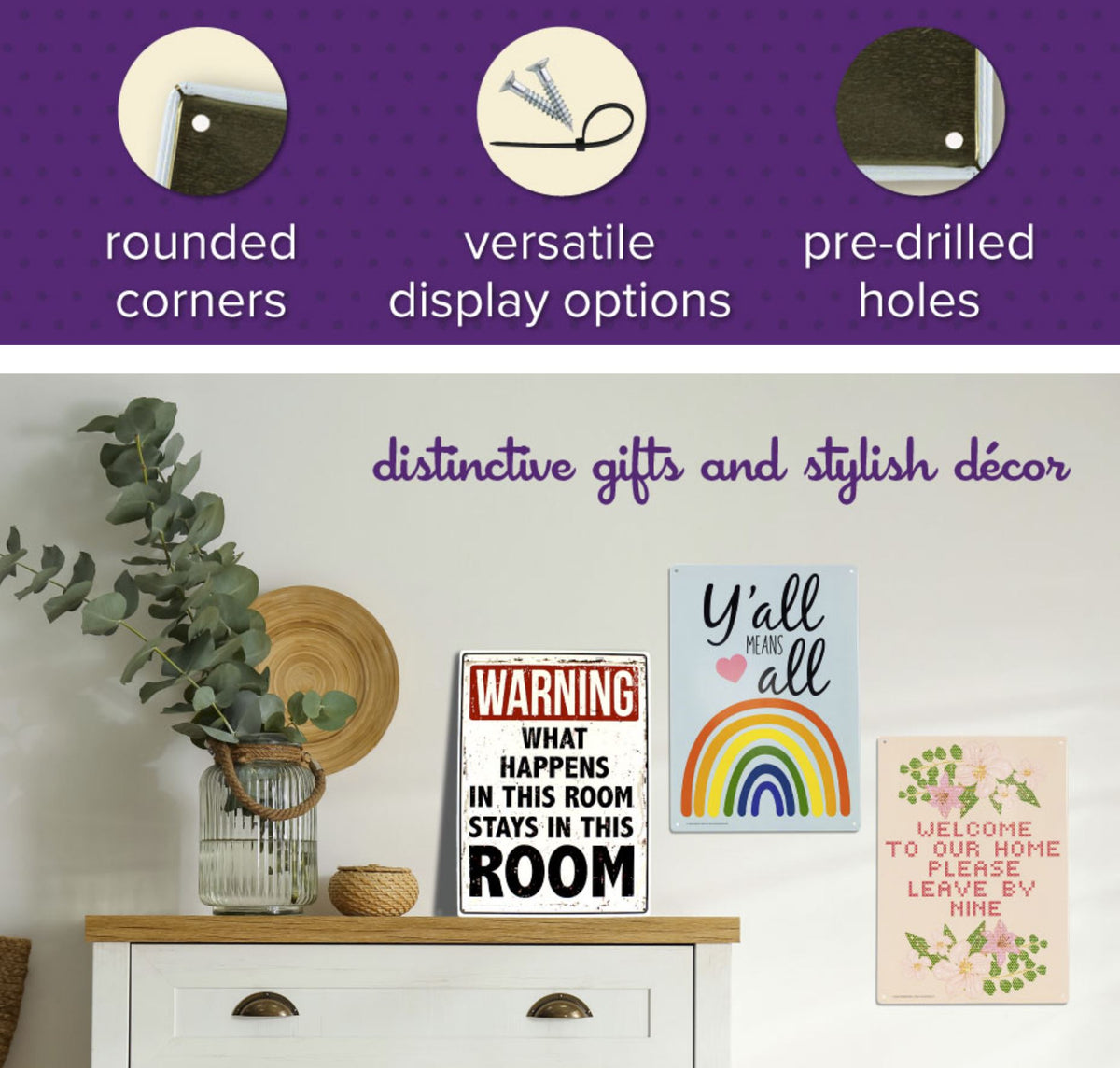 Decor setup featuring a wooden cabinet and various decor signs, including the "Home is Where the WIFI Connects Automatically" metal tin sign. This sign comes with rounded corners, versatile display options, and pre-drilled holes, making it an ideal charming gift for any home decor enthusiast.