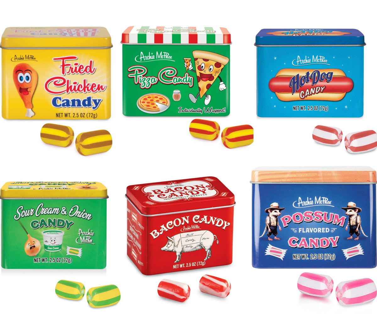 6 Assorted Pickle-Bacon-Pizza-Hot Dog-Sour Cream-Fried Chicken - Candy Tin Sets