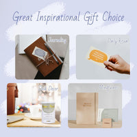 A collage shows self-care gift ideas, including journaling supplies, a hand holding 40 Positive Daily Quote Cards with Wooden Stand & Tin – Motivational Desk Decor, mindfulness cards, and a notebook.