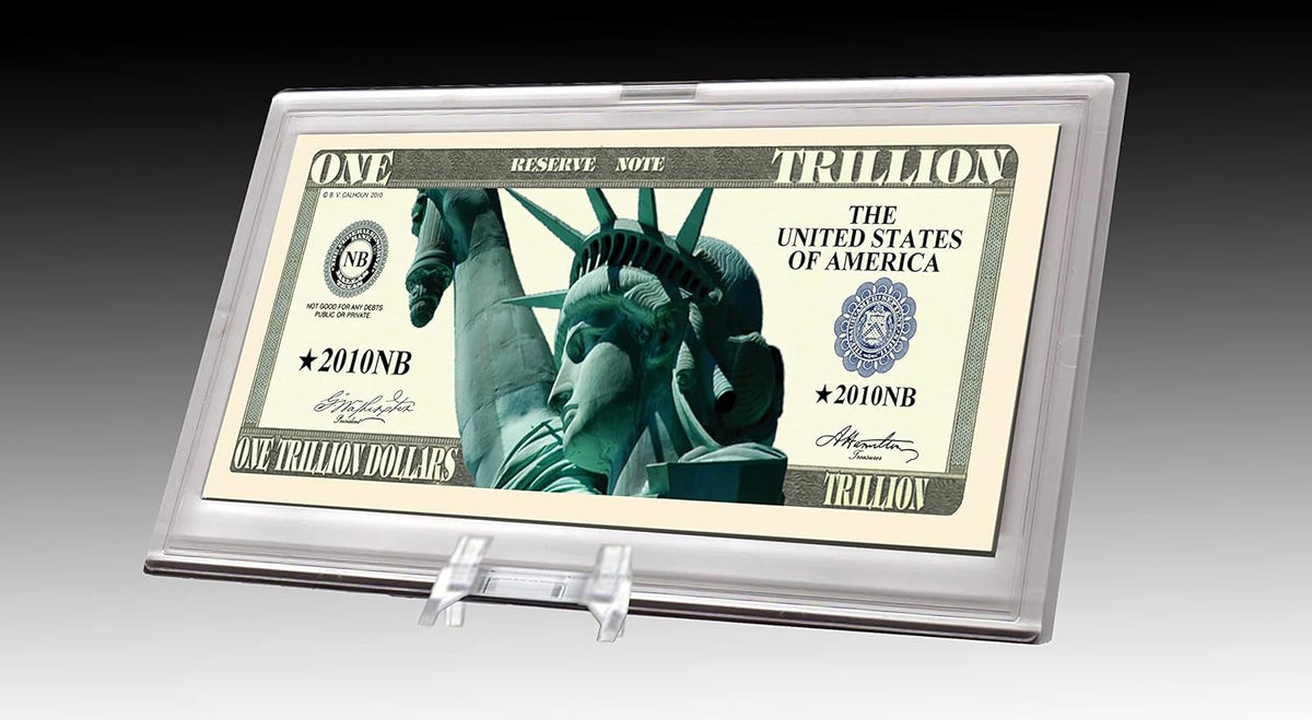 A one trillion dollar novelty bill adorned with the Statue of Liberty, elegantly displayed in a DELUXE Currency Slab Dollar Bill Plastic Case – perfect for protecting your unique collection!