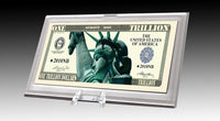 A one trillion dollar novelty bill adorned with the Statue of Liberty, elegantly displayed in a DELUXE Currency Slab Dollar Bill Plastic Case – perfect for protecting your unique collection!