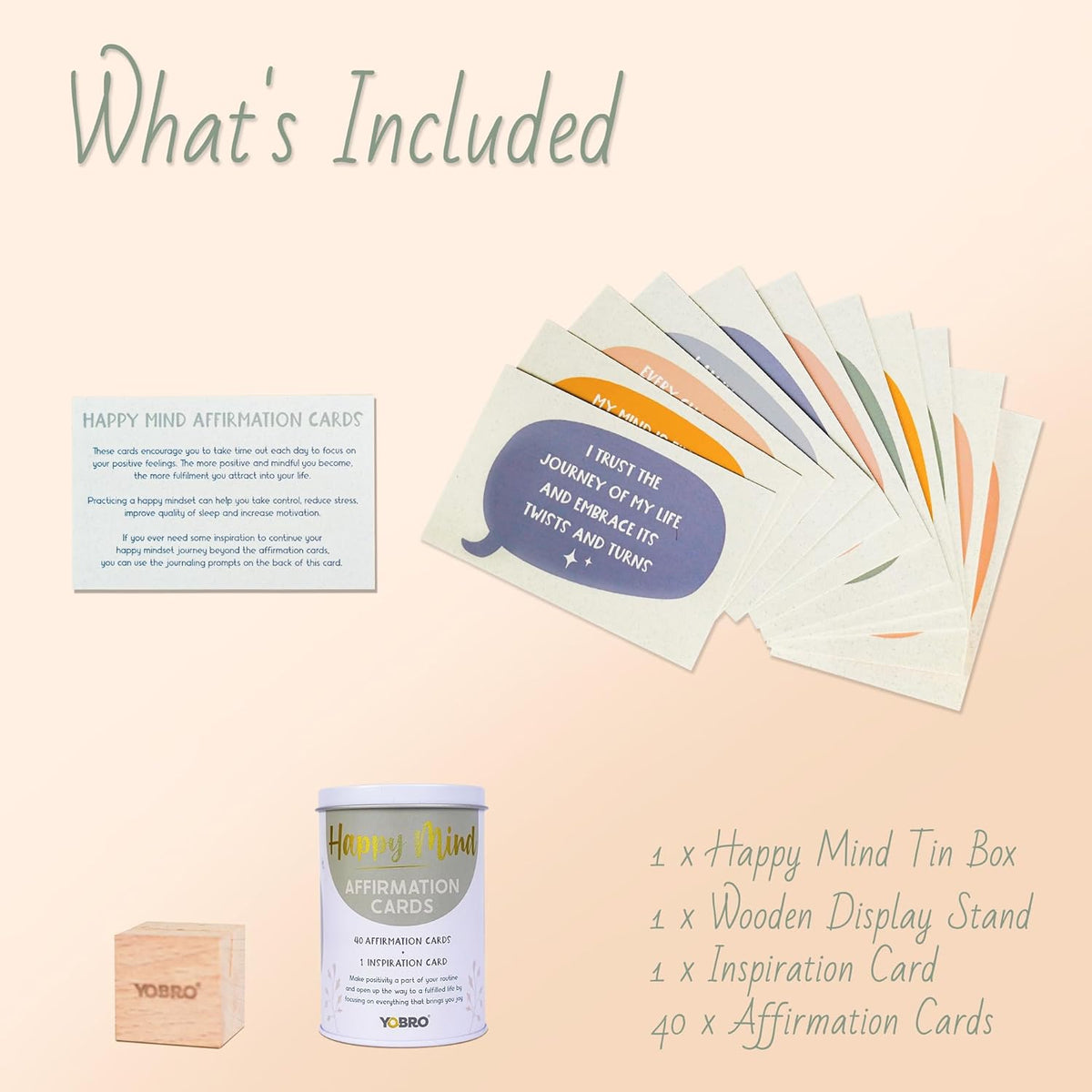 The 40 Positive Daily Quote Cards with Wooden Stand & Tin make the perfect self-care gift—featuring a tin box, wooden display stand, and cards for daily encouragement and mental health support as motivational desk decor.