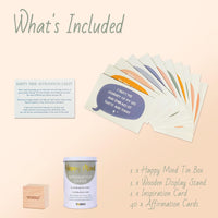 The 40 Positive Daily Quote Cards with Wooden Stand & Tin make the perfect self-care gift—featuring a tin box, wooden display stand, and cards for daily encouragement and mental health support as motivational desk decor.