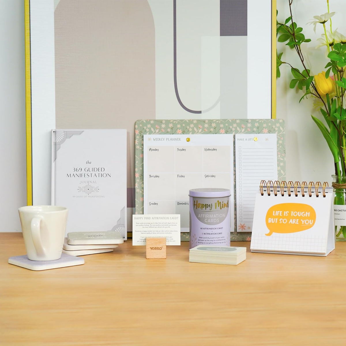 A set of 40 Positive Daily Quote Cards with a wooden stand and tin makes motivational desk decor—perfect as a thoughtful self-care gift to support mental health.