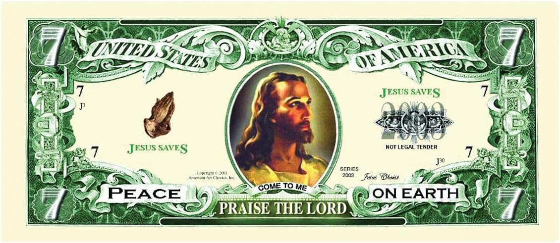 The "Set of 1000 - Jesus Christ Praise The Lord Christian Religious Novelty $7 Bills" showcases religious symbols and a portrait with the message "Come to Me," along with phrases such as "Peace on Earth" and "Praise the Lord." These high-quality novelty bills feature a "Not Legal Tender" disclaimer and inspirational "Jesus Saves" messages, making them ideal for religious novelty gifting.