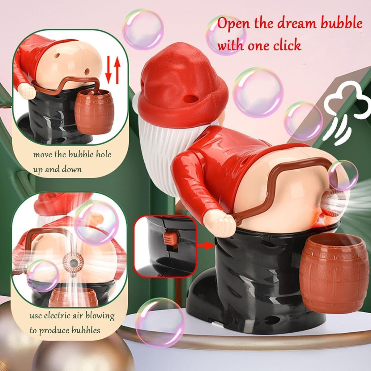 The Bubble Blowing Santa - Fart Bubble Machine with Flashing Lights & Music is a perfect addition to any Christmas party, serving as both a festive toy and a bubble blower. It includes detailed diagrams and instructions for magical use.