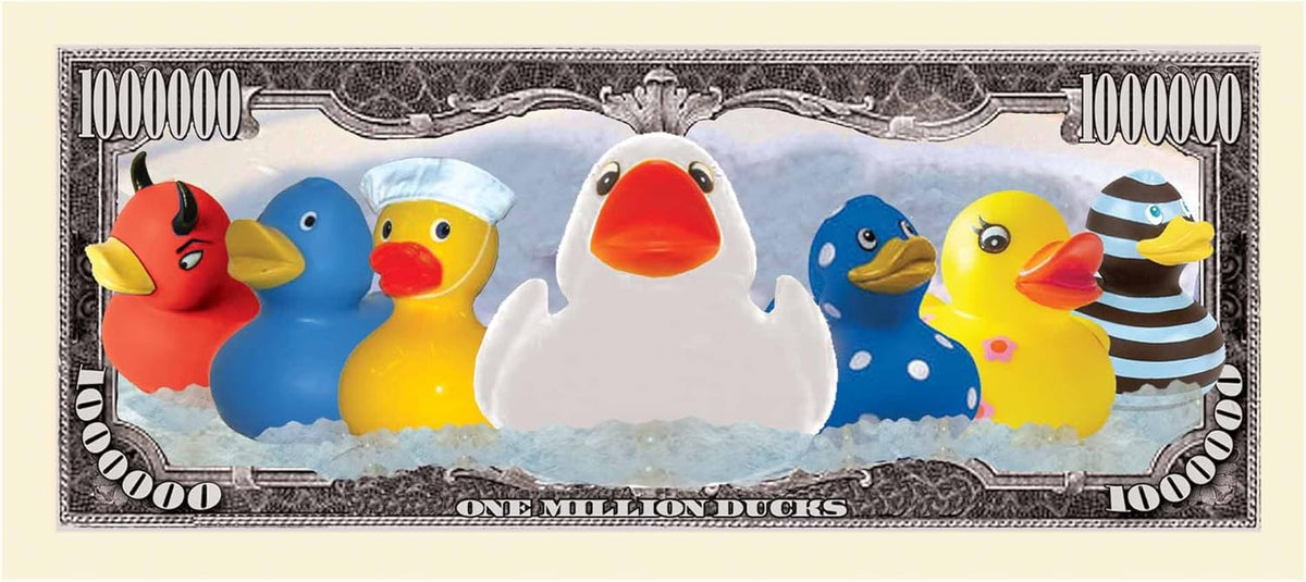 A set of ten colorful rubber ducks is displayed on a novelty bill that resembles a banknote with the denomination "one million ducks." These playful items, known as the Rubber Ducky Million Dollar Collectible Novelty Bills - Funny Money, make ideal party favor gifts, adding a delightful touch of fun to any occasion.