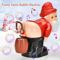 The Bubble Blowing Santa - Fart Bubble Machine with Flashing Lights & Music Gift is a whimsical bubble blower shaped like Santa's lower half, set on a black stand. With bubbles and musical notes dancing around it, this delightful contraption is perfect for adding festive fun to any Christmas party.