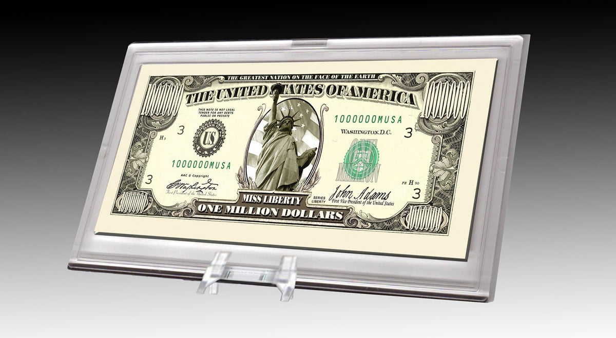 An elegant one million dollar bill with the Statue of Liberty and artistic design elements showcased in a DELUXE Currency Slab Dollar Bill Plastic Case, ideal for safeguarding your novelty currency.