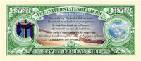 This image features a $7 novelty bill from the set of 100 "Jesus Christ Praise The Lord Christian Religious Novelty $7 Bills." It showcases religious symbols such as a cloth-draped cross and a dove, along with Psalm 23:1-4 and the phrase "In God We Trust," making it an ideal choice for party favor gifts or for those who enjoy distinctive novelty currency.