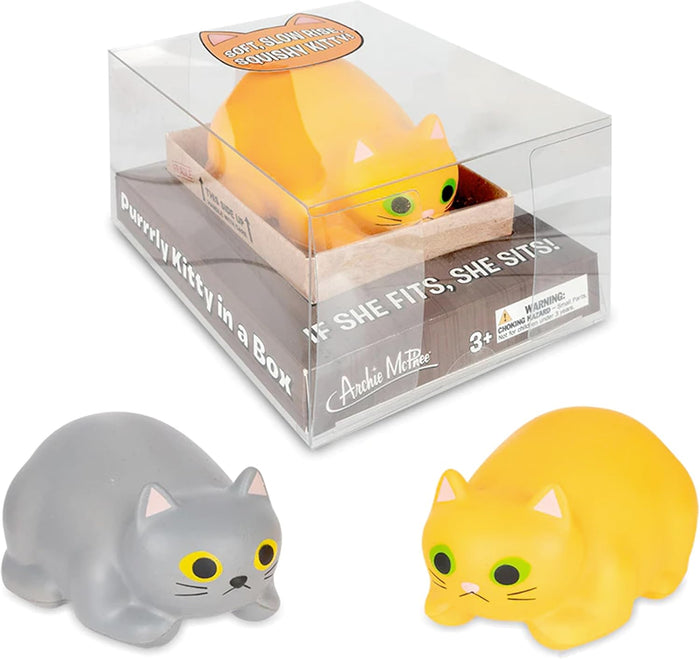 Presenting the Purrrly Kitty Cat in a Box stress-relief set by Archie McPhee, which includes a squeezable plastic orange cat displayed inside a clear box. It comes with two extra figurines: a squishy gray and an orange companion on the exterior. The packaging is playfully designed with humorous text and quirky warnings.