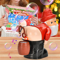 A person holds the packaging of the Bubble Blowing Santa - Fart Bubble Machine, which features this festive toy in red attire blowing bubbles from its back, all amidst a lively Christmas party atmosphere.