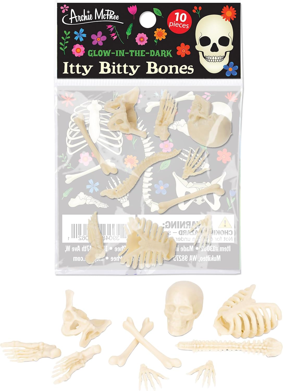 Itty Bitty Human Bones (Bag of 10) - Glow in Dark Figurines Toy - Archie McPhee