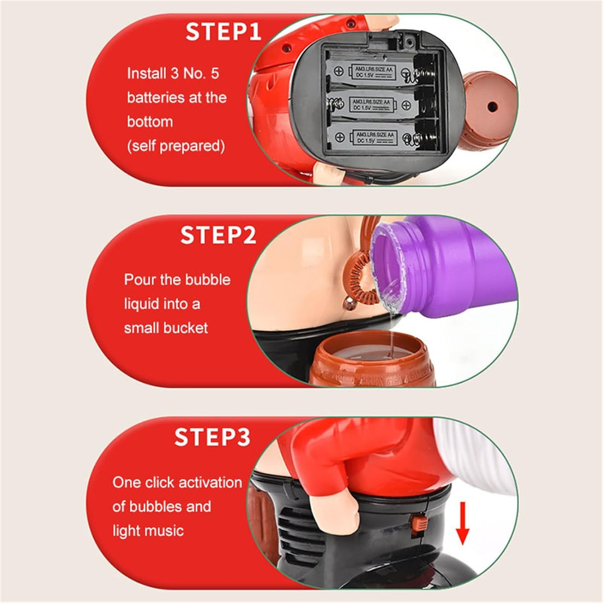 Image demonstrating three steps with the Bubble Blowing Santa - Fart Bubble Machine with Flashing Lights & Music Gift: 1. Insert three No. 5 batteries into the designated compartment. 2. Fill a bucket with bubble liquid. 3. Press the button to release bubbles along with light and music, creating an enchanting atmosphere for your Christmas party!