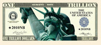 This unique novelty bill features a trillion dollar design with the Statue of Liberty prominently displayed at its center, complemented by "The United States of America" text on the right. It's an excellent addition for anyone who enjoys high-quality novelty money like the 100 TOTAL - Statue Liberty Trillion Dollar Funny Fake Money Bills Party Novelty.