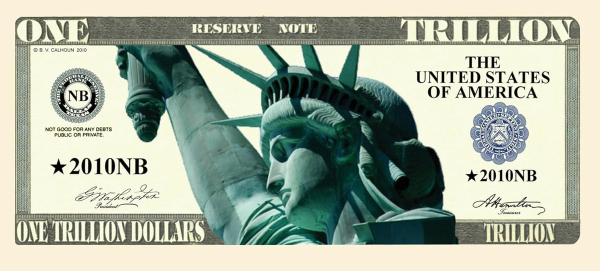 A depiction of a novelty money bill—the Statue of Liberty adorns a trillion-dollar note, an ideal party favor gift labeled "1000 TOTAL - Statue Liberty Trillion Dollar Bill Funny Fake Money Party Novelty.