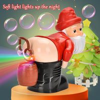 A Bubble Blowing Santa figurine with a barrel emits colorful lights, transforming into a festive Fart Bubble Machine next to a decorated Christmas tree. Text reads: "Soft light lights up the night." Perfect for adding magic to your Christmas party.