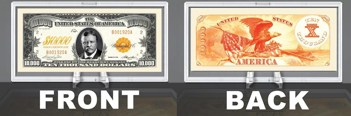 Front and back views of a $10,000 gold certificate are elegantly showcased within DELUXE Currency Slab Dollar Bill Plastic Cases, featuring a portrait on the front and an eagle with the flag on the back.