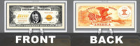 Front and back views of a $10,000 gold certificate are elegantly showcased within DELUXE Currency Slab Dollar Bill Plastic Cases, featuring a portrait on the front and an eagle with the flag on the back.