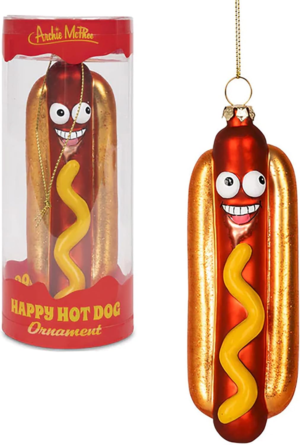 Happy Hot Dog Ornament - Christmas Holiday Art Hand-Blown Glass ® Archie McPhee