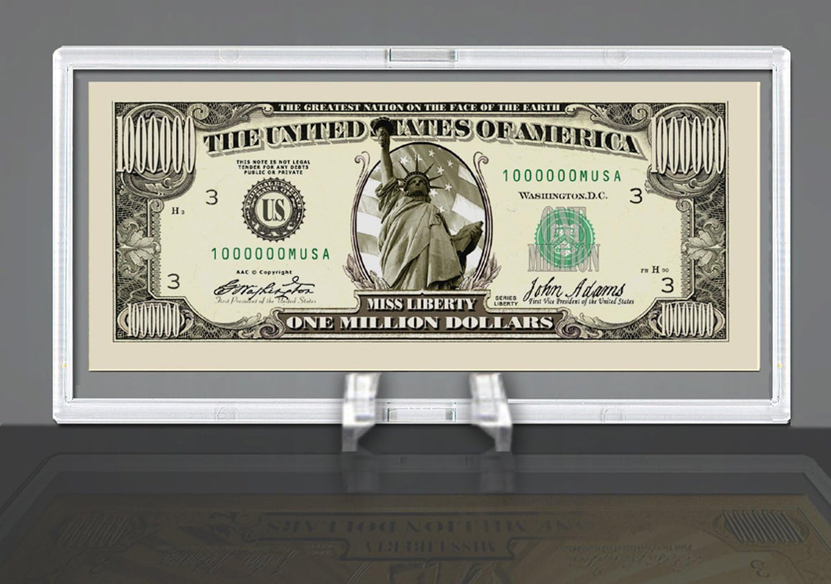 A DELUXE Currency Slab Dollar Bill Plastic Case elegantly displays a novelty one million dollar bill with the Statue of Liberty, labeled "Miss Liberty.