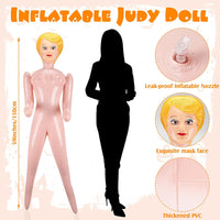 Image of a life-size inflatable doll next to a silhouette of a person. Features include a facial design, leak-proof nozzle, and thick PVC material. Text reads "Inflatable Judy + John Inflate a Date Bachelor/Bachelorette Party Blow Up Dolls" with height marked as 59 inches.