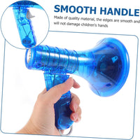 A hand holds the Voice Changer Megaphone Toy – 10 Funny Sound Effects Bullhorn Mic, with an inset of its smooth handle; text notes its child-safe design, rounded edges, and entertaining sound effects for kids and adults.