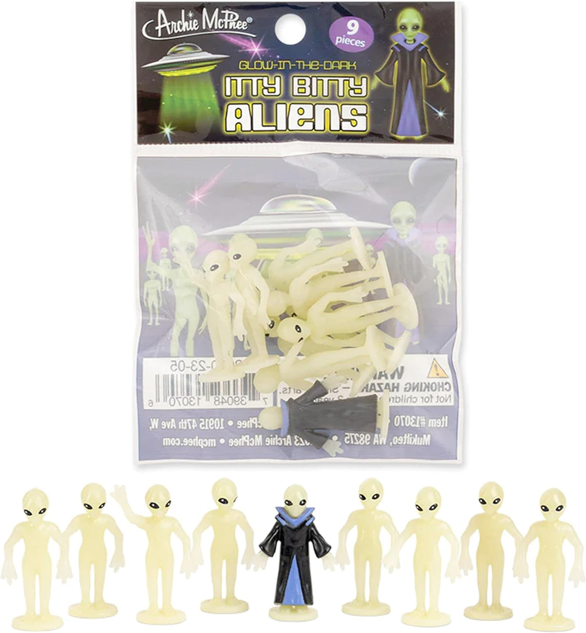 Itty Bitty Aliens (Bag of 9) Glow in Dark Statue UFO Figurines - Archie McPhee