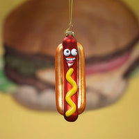 Happy Hot Dog Ornament - Christmas Holiday Art Hand-Blown Glass ® Archie McPhee