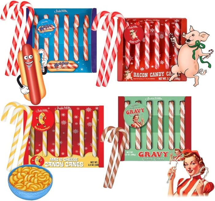 4 BOX SET Bacon Hot Dog Mac & Cheese Gravy Flavored Candy Canes - Archie McPhee