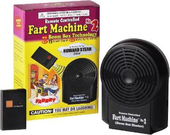 Unleash the prank power of the Fart Machine No. 2 - Wireless Remote Controlled ~ 2024 Newest Improved Model with "Boom Box Technology," featuring a playful "CAUTION! YOU MAY DIE LAUGHING!" warning on its box and remote.