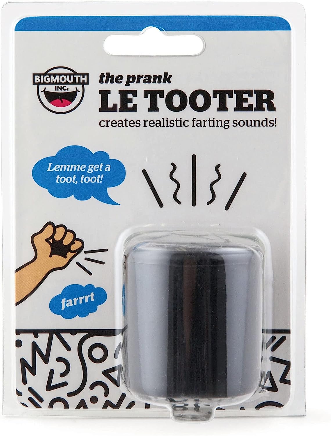 Packaging of the "12 Le Tooter Pooters - Party Favor Gag Joke Fart Farting Gifts (1 dozen)" by BigMouth Inc. features an artificial flatulence maker designed to produce realistic farting sounds, decorated with illustrated graphics and humorous text like "Lemme get a toot, toot!" and "farrrt.