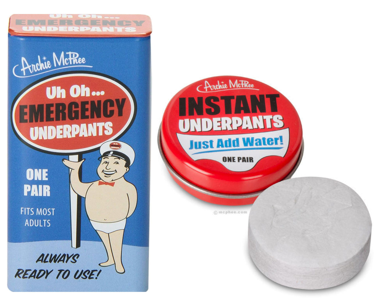 Packaging for the "1 Emergency Underpants + 1 Instant Undies ~ COMBO SET - Archie McPhee": The Emergency Underpants are packaged neatly in a box, while the Instant Undies feature a distinctive tin with a compressed round item inside. Ideal for sudden emergencies, these disposable unisex underpants provide quick and convenient solutions.