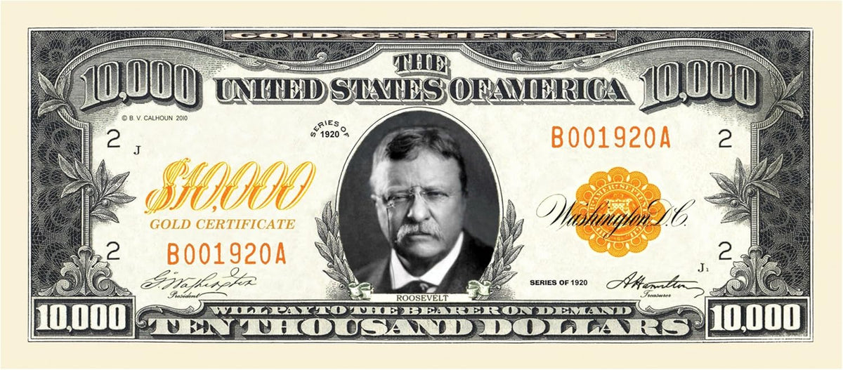 A perfect item for novelty money bill enthusiasts, the $10,000 gold certificate boasts a portrait of Roosevelt, serial number B001920A, and intricate decorative elements. Emblazoned with "The United States of America" and "Ten Thousand Dollars," this unique piece makes an exceptional party favor gift. It is known as the 100 - $10,000.00 Ten Thousand Dollar Gold Certificate Novelty Bill Play Money.