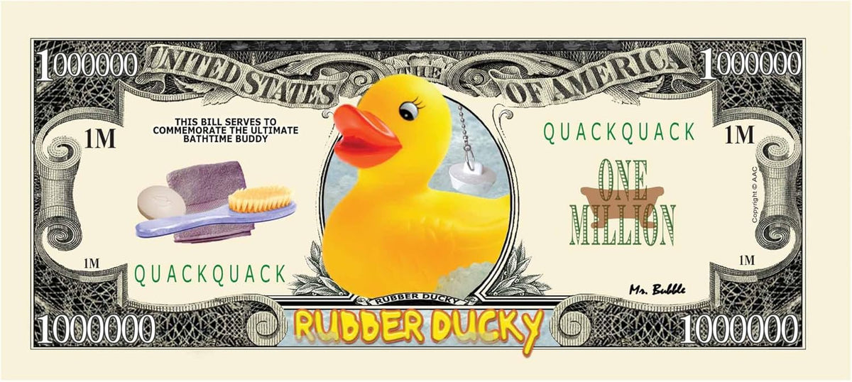 Introducing the "10 TOTAL - Rubber Ducky Million Dollar Collectible Novelty Bills - Funny Money." These playful bills highlight a rubber duck and bath items, embellished with "One Million" and "Quack Quack" text. Ideal as promotional party favors, these distinctive novelty bills add a fun twist to any gathering.