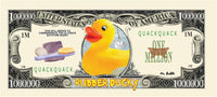 Introducing the "10 TOTAL - Rubber Ducky Million Dollar Collectible Novelty Bills - Funny Money." These playful bills highlight a rubber duck and bath items, embellished with "One Million" and "Quack Quack" text. Ideal as promotional party favors, these distinctive novelty bills add a fun twist to any gathering.