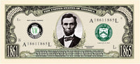 Illustration of a novelty bill from the "100 - President Abraham Lincoln Million Dollar Novelty Money Patriotic Bills" collection, showcasing a portrait of Abraham Lincoln with "Not Legal Tender" and decorative emblems, making it ideal for promotional gifts.