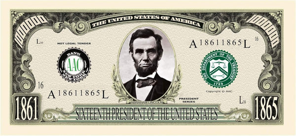 This President Abraham Lincoln Million Dollar Novelty Money Note is an ideal party favor gift, showcasing intricate decorative designs. It prominently features "Not Legal Tender" and celebrates Lincoln as the "Sixteenth President of the United States.